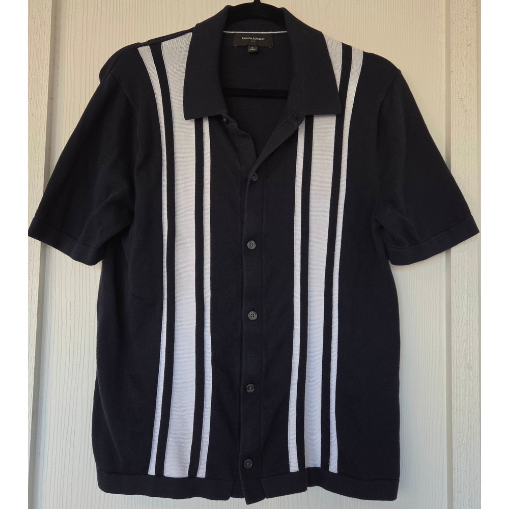 Banana Republic Blue White Striped Knit Button Front Polo Shirt S Preppy Coastal